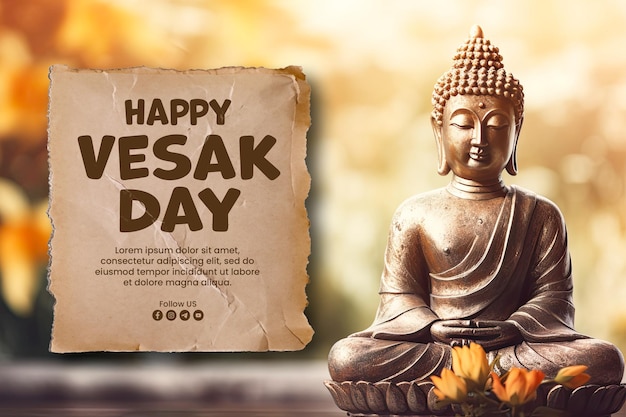 PSD happy vesak day banner template with buddha statue background blurred flowers and sky