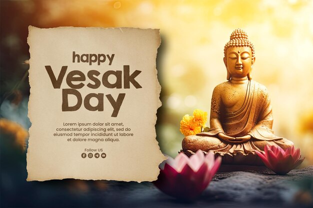 Happy vesak day banner template with buddha statue background blurred flowers and sky