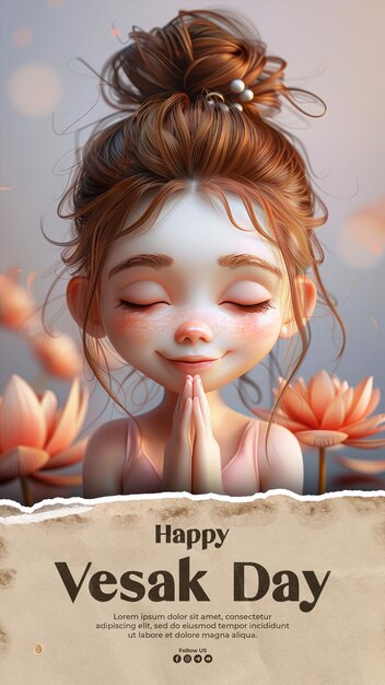 PSD happy vesak day media social post template with girl cute full face rich smile hair bun lotus