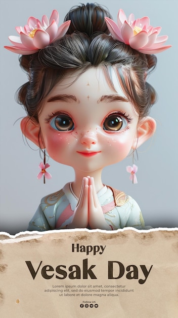 Happy vesak day media social post template with girl cute full face rich smile hair bun lotus