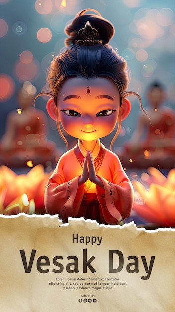 PSD happy vesak day media social post template with girl cute full face rich smile hair bun lotus