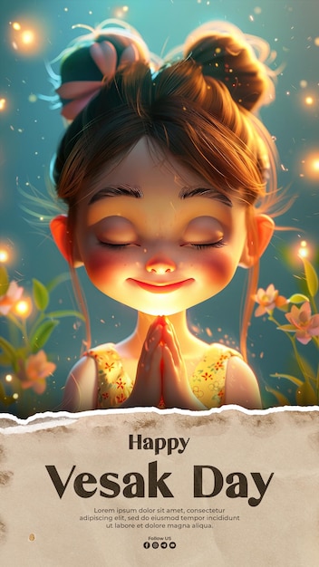 Happy vesak day media social post template with girl cute full face rich smile hair bun lotus