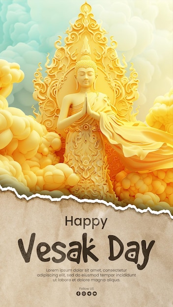 Happy vesak day media social post template con il buddha thailandese l'atteggiamento della meditazione palma di fronte o