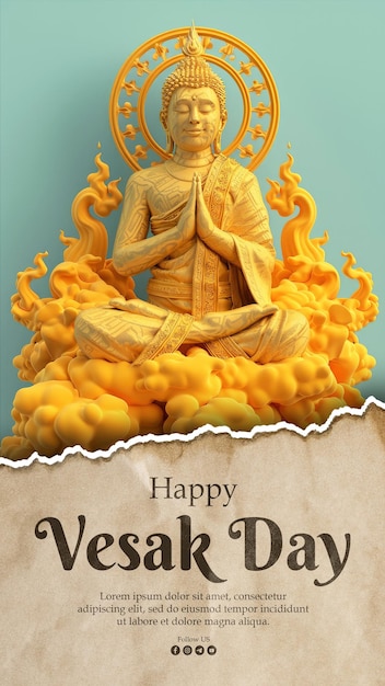 PSD happy vesak day media social post template with thai buddha the attitude of meditationpalm facing o