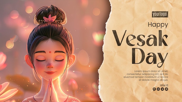 PSD modello di poster del giorno di vesak felice con sfondo ragazza disegnata a mano carina faccia piena forma di googlyegg
