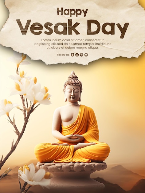 Happy vesak day poster template with buddha statue background