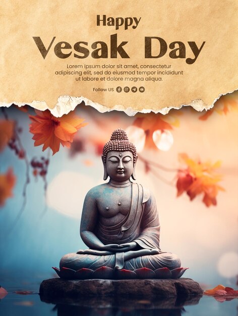 PSD happy vesak day poster template with buddha statue background