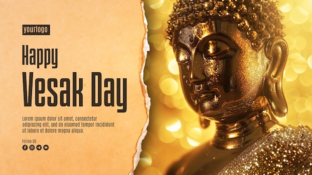 Modello di poster del giorno del vesak felice con statua di buddha in colore oro