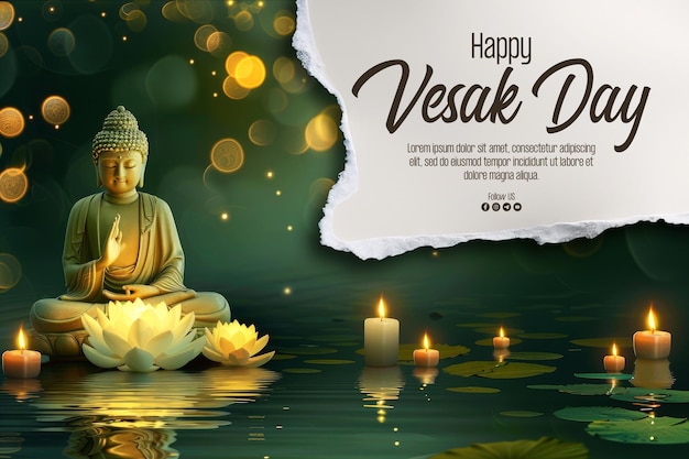 Happy vesak day poster with a buddha statue and magical light as a background