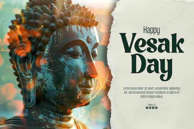 Happy vesak day poster with magha asanha visakha puja day buddha statue bodhi leaf with double