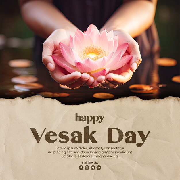 PSD happy vesak day social media post template with hand holding lotus or water lily