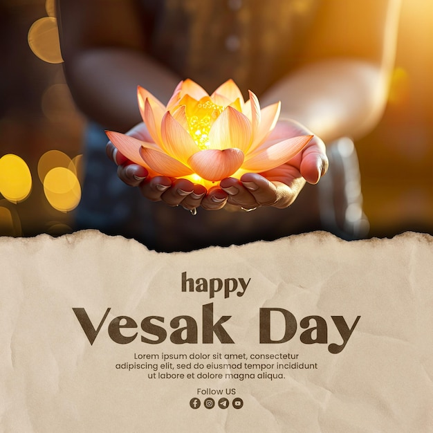 PSD happy vesak day social media post template with hand holding lotus or water lily