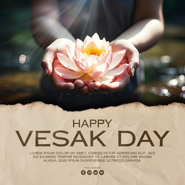 Happy vesak day social media post template with hand holding lotus or water lily