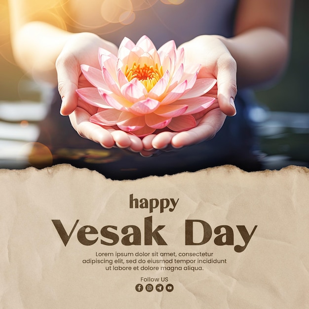 PSD happy vesak day social media post template with hand holding lotus or water lily