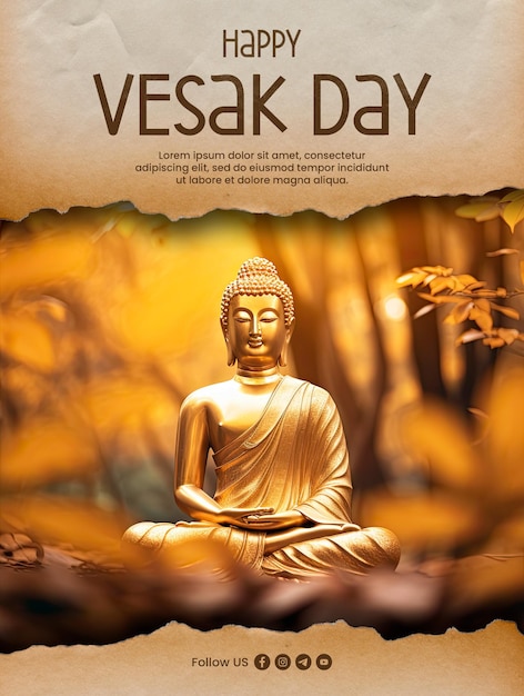 PSD Счастливый день весака шаблон плакат с листьями и фон будды