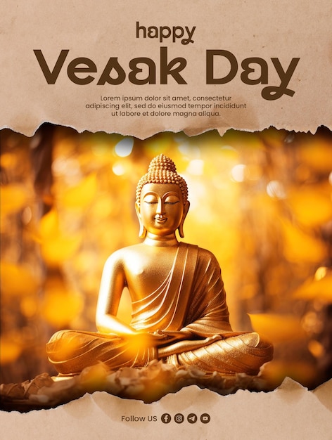 PSD poster modello di felice giorno di vesak con foglie e sfondo di buddha