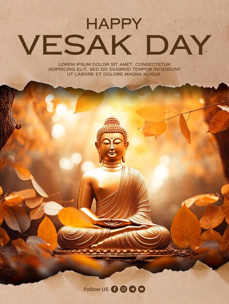 PSD happy vesak day template poster with leaves and buddha background