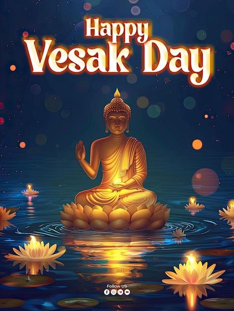 PSD happy vesak holiday poster with a background of a buddha statue filled with magical light