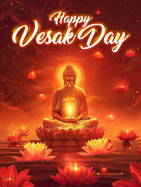 PSD happy vesak holiday poster with a background of a buddha statue filled with magical light