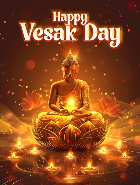 PSD poster felice per le vacanze di vesak con sullo sfondo una statua di buddha piena di luce magica