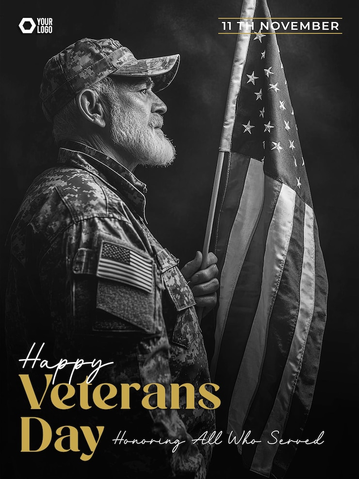 PSD happy veterans day poster for social media post with black and white concept