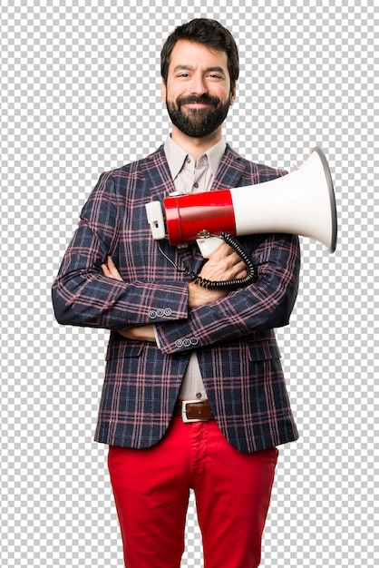 PSD happy well dressed man holding a megaphone