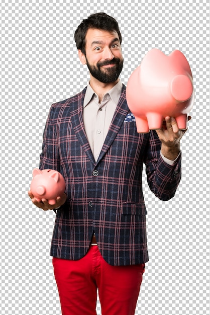 PSD felice uomo ben vestito che tiene un piggybank