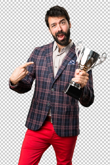 PSD happy well dressed man holding a trophy