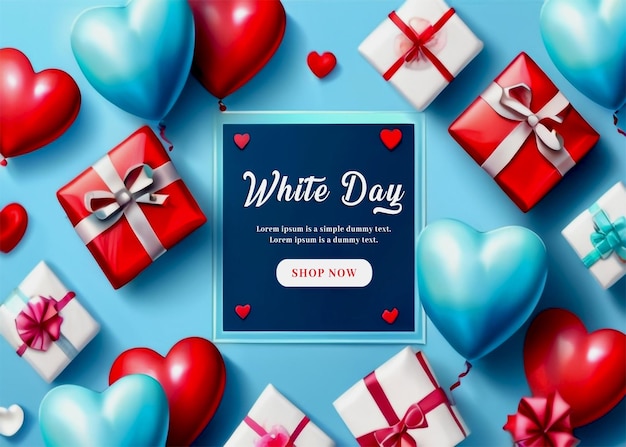 Happy White Day Sale Banner Vector design Realistic balloon hearts and gifts on blue background