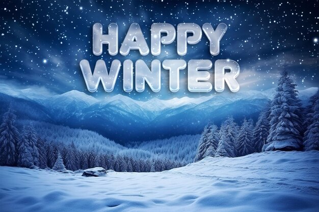 PSD happy winter background with forest on a mountain ridge covered with snow milky way in a starry sky