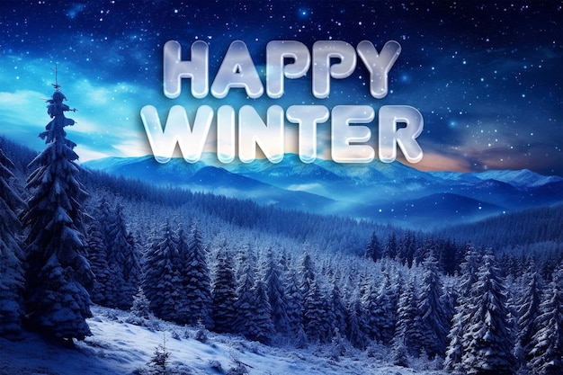 Happy winter background with forest on a mountain ridge covered with snow milky way in a starry sky