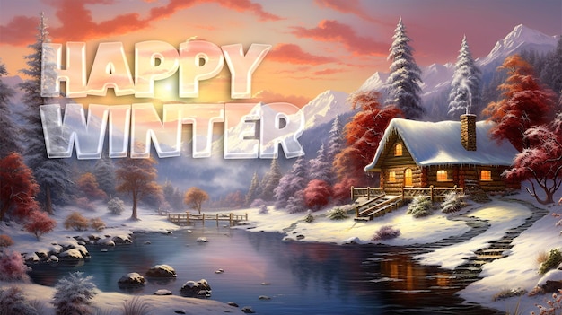 PSD happy winter background with wooden house in winter landscape