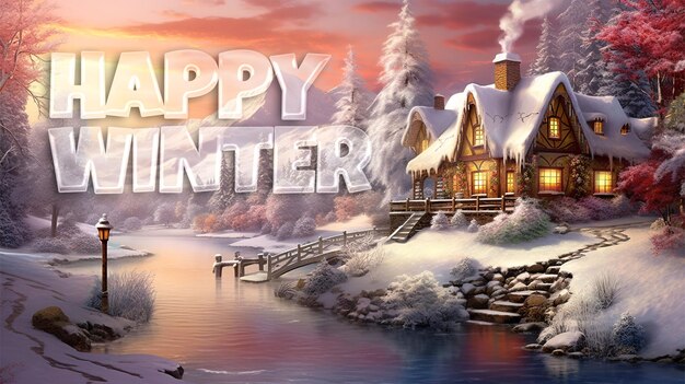 PSD happy winter background with wooden house in winter landscape