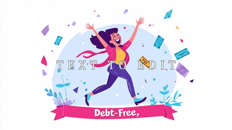 PSD happy woman celebrating debt freedom running amidst confetti and falling credit cards