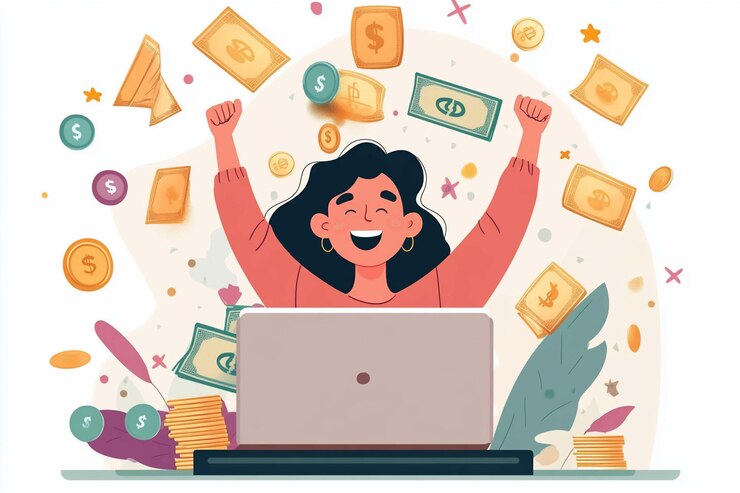 PSD happy woman celebrating online success with floating money