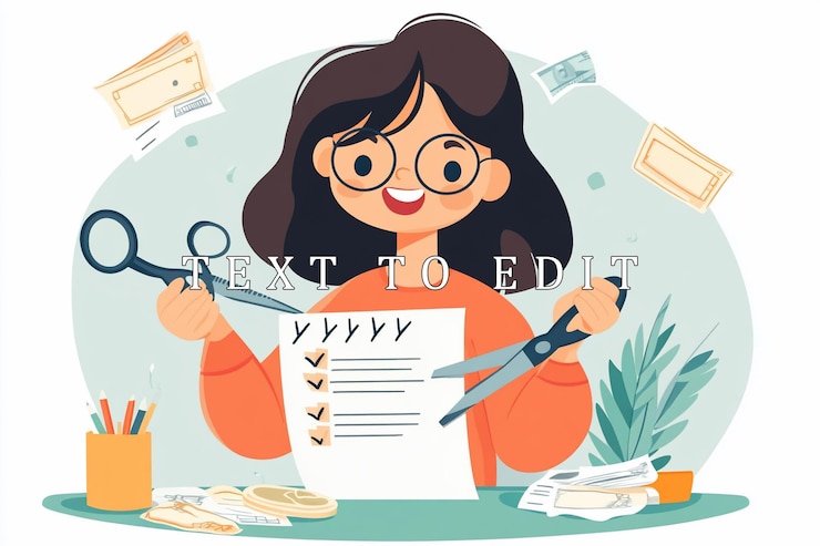 PSD happy woman cutting expenses from checklist managing budget