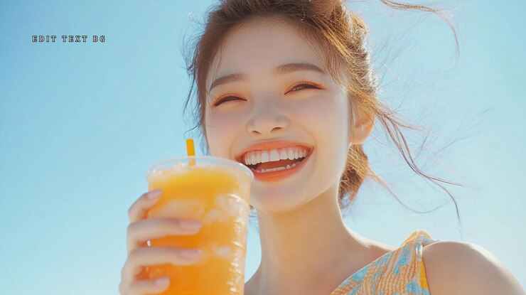 PSD 은 날 오렌지 주스를 즐기는 행복한 여자