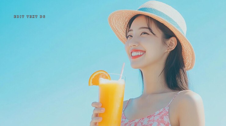 PSD 행복 한 여자 는 빛 이 있는 해변 에서 오렌지 주스 를 마시고 있다