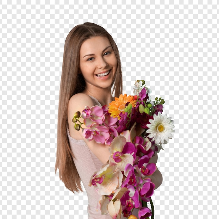 PSD счастливая женщина с букетом