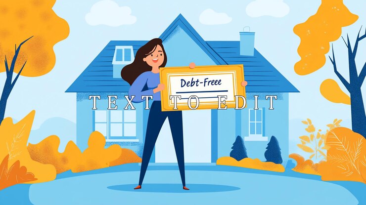 PSD happy woman holding a debtfree certificate in front of her house