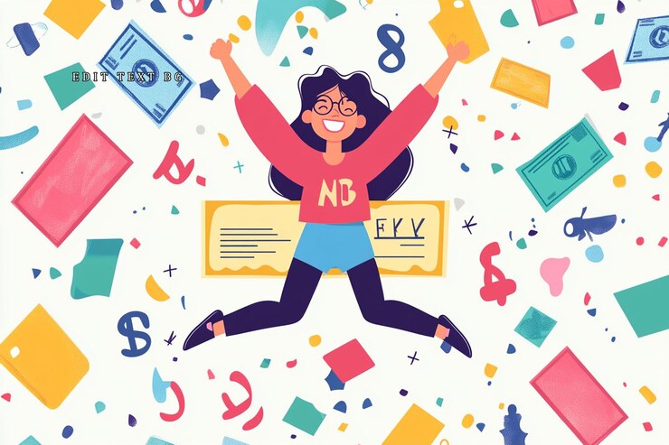 PSD 財政的成功を祝う幸せな女性が落ちるお金とコンフェッティの中にジャンプしています
