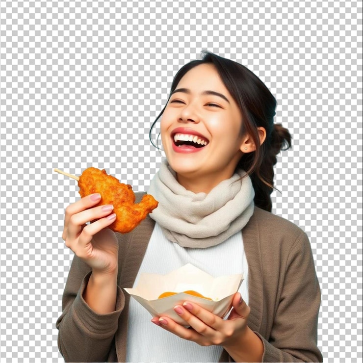 PSD 행복 한 여자 는 김 을 들고 웃으며 빈 곳 에 고립 되어 있다