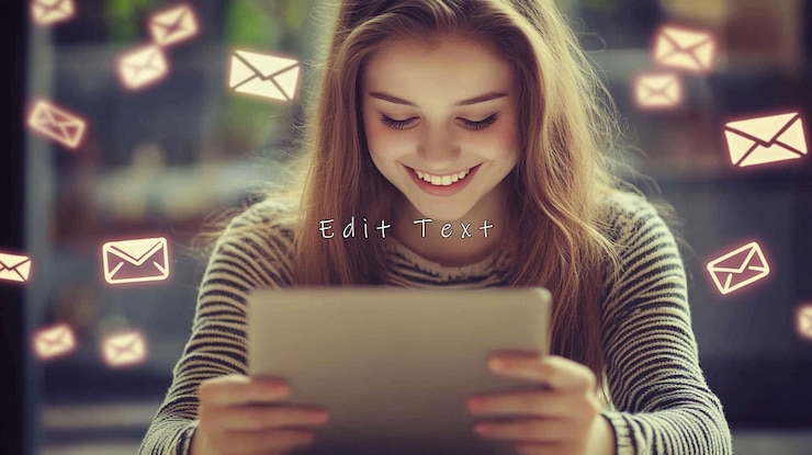 PSD happy woman reading emails on tablet