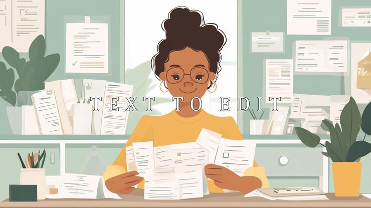 PSD happy woman reviewing documents at her desk