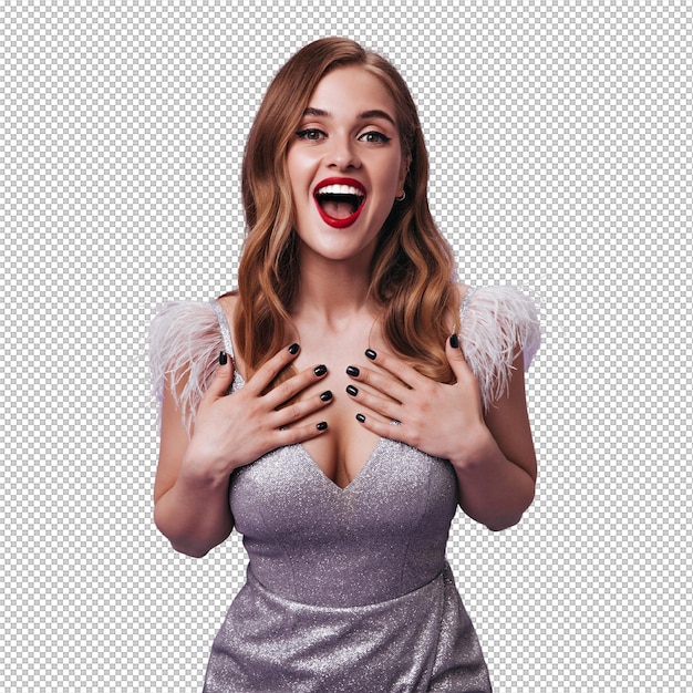 Happy woman in silver outfit surprised looking into camera