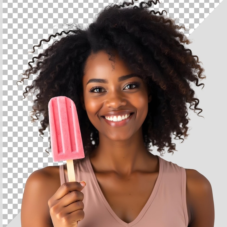 PSD happy woman in summer holding a strawberry popsicle