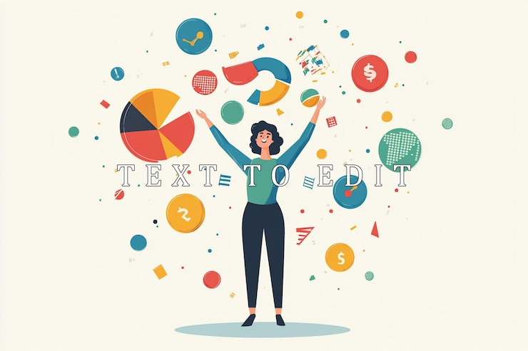 PSD happy woman surrounded by colorful data charts and financial symbols celebrating success
