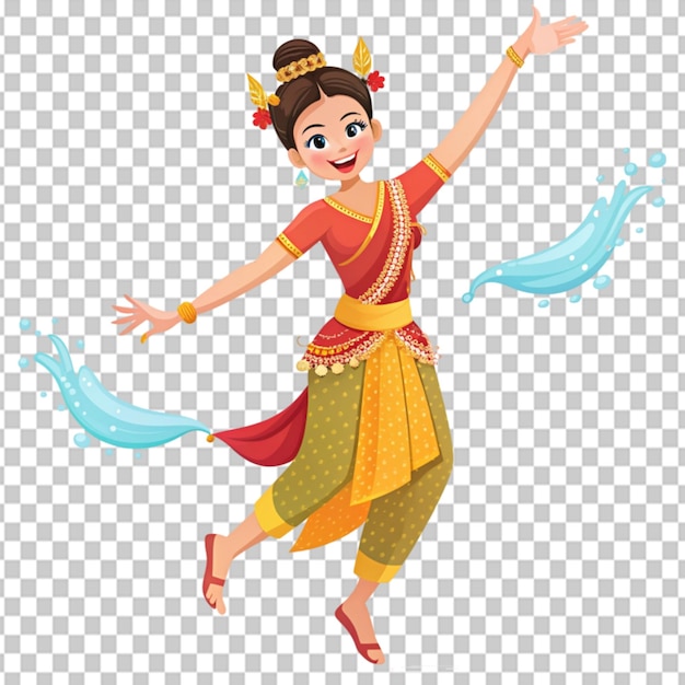 happy woman in thai traditional songkran water on transparent background