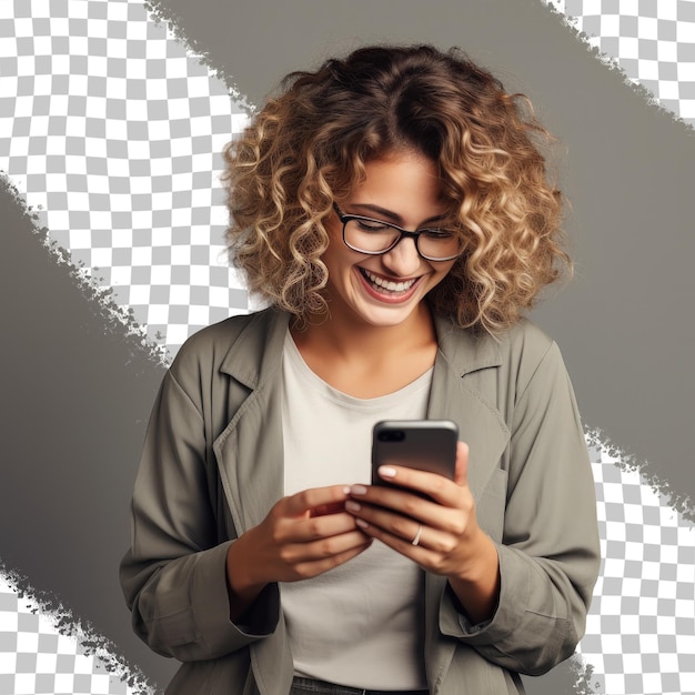 PSD happy woman typing on phone isolated on transparent background with focus on communication technology social media networking and internet surfing
