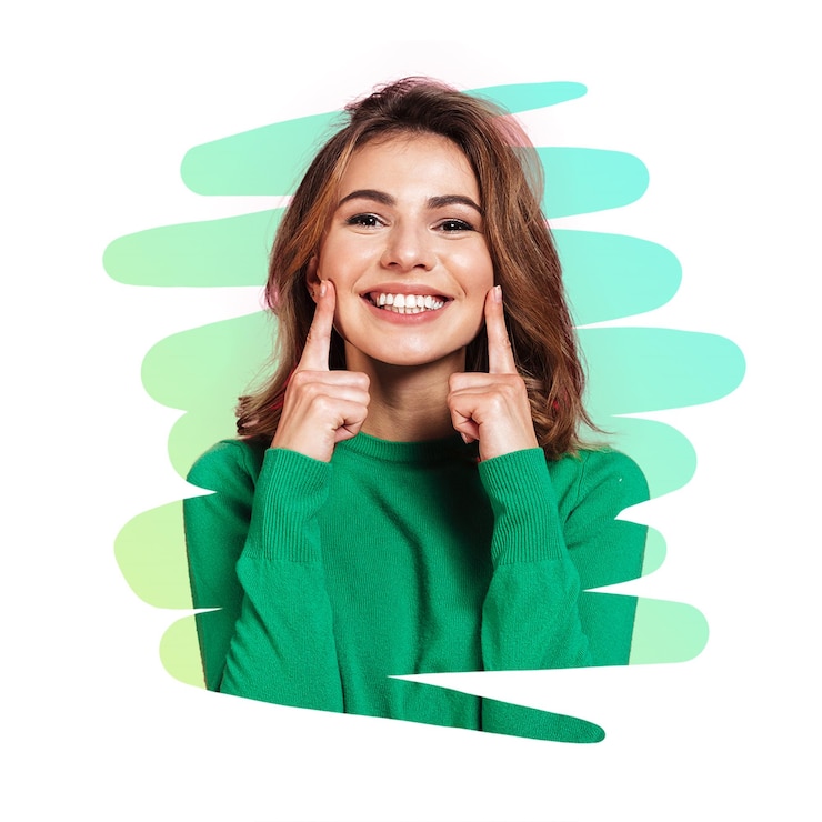 PSD happy woman with a big smile pointing at her cheeks